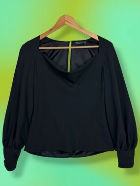 ASOS Elegant Chic Draped Square Neck Bishop Sleeve Keyhole Back Blouse Black  2